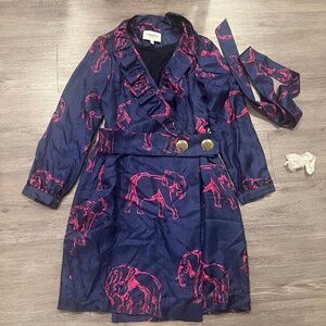 Elizabeth McKay Silk Scotland Wrap dress navy and pink elephant w belt and scarf